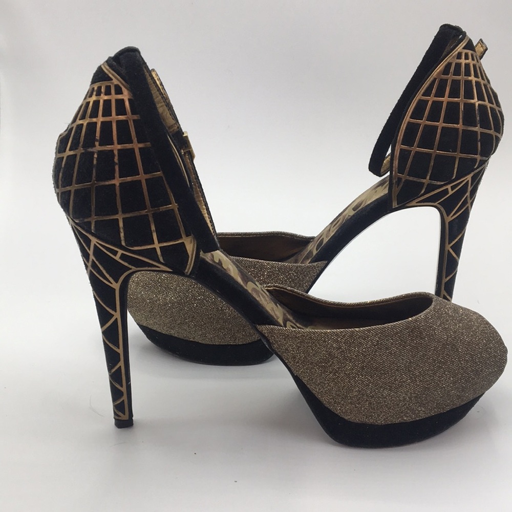 Sam Edelman 9 1/2 M High Heel Shoes Gold and Black Paulette Pump